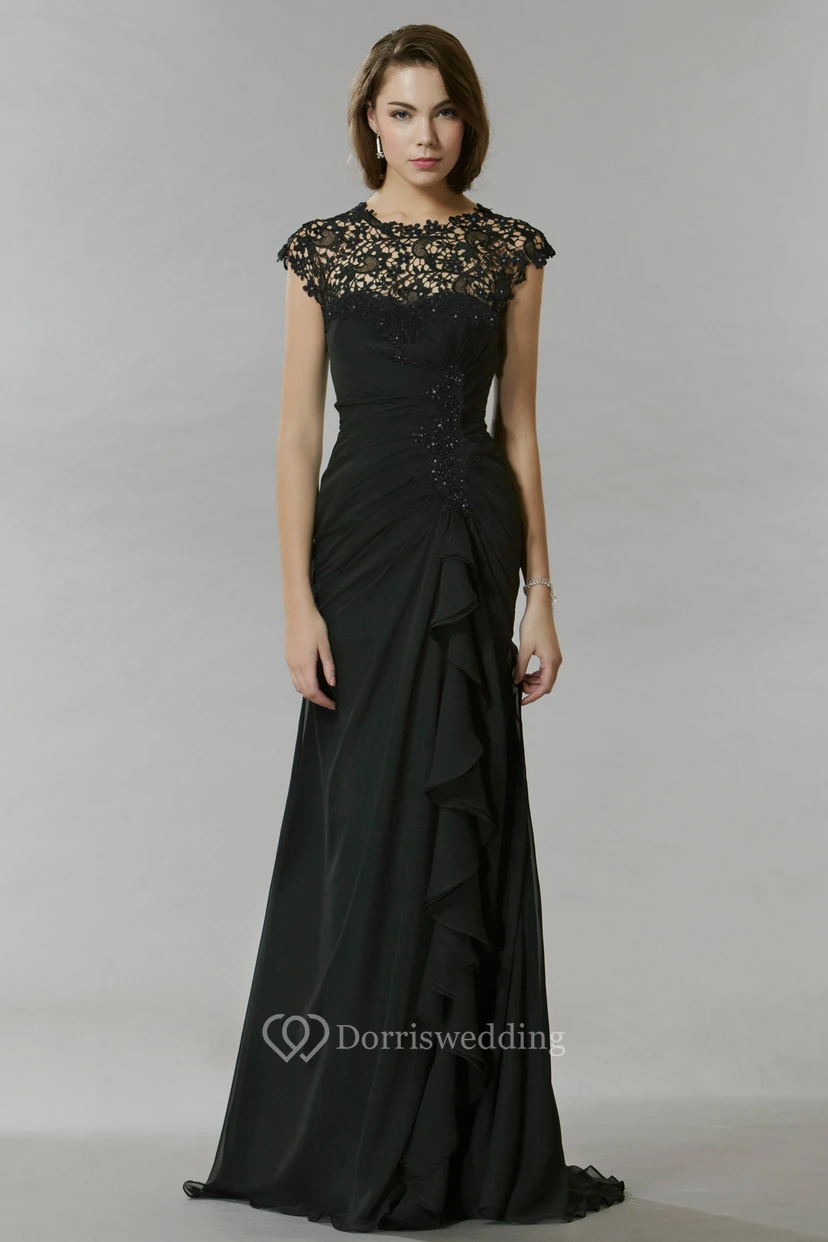 Sheath Long Lace Jewel Cap-Sleeve Chiffon Prom Dress With Beading And Draping view 3