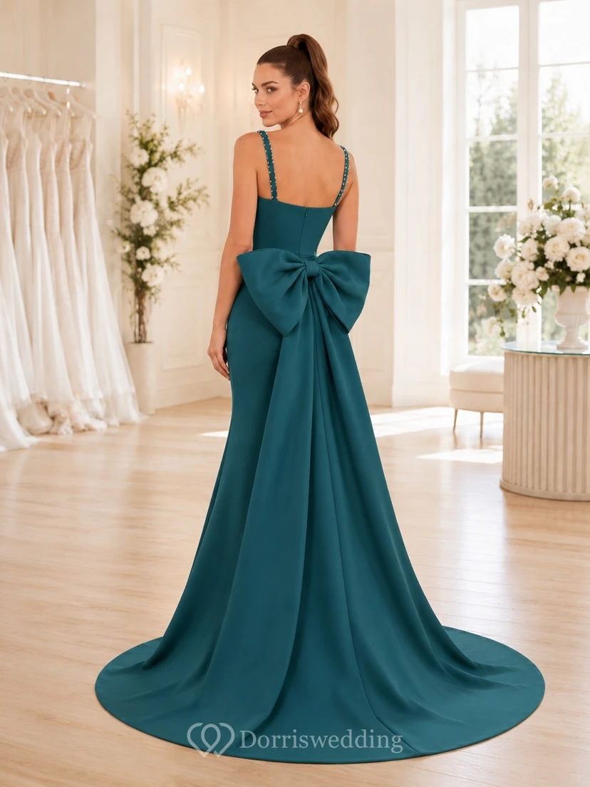 Dunkelgrünes, türkisfarbenes Brautkleid mit eckigem Ausschnitt, Schleife und Satin-Etui-Kleid mit Kapellenschleppe view 2