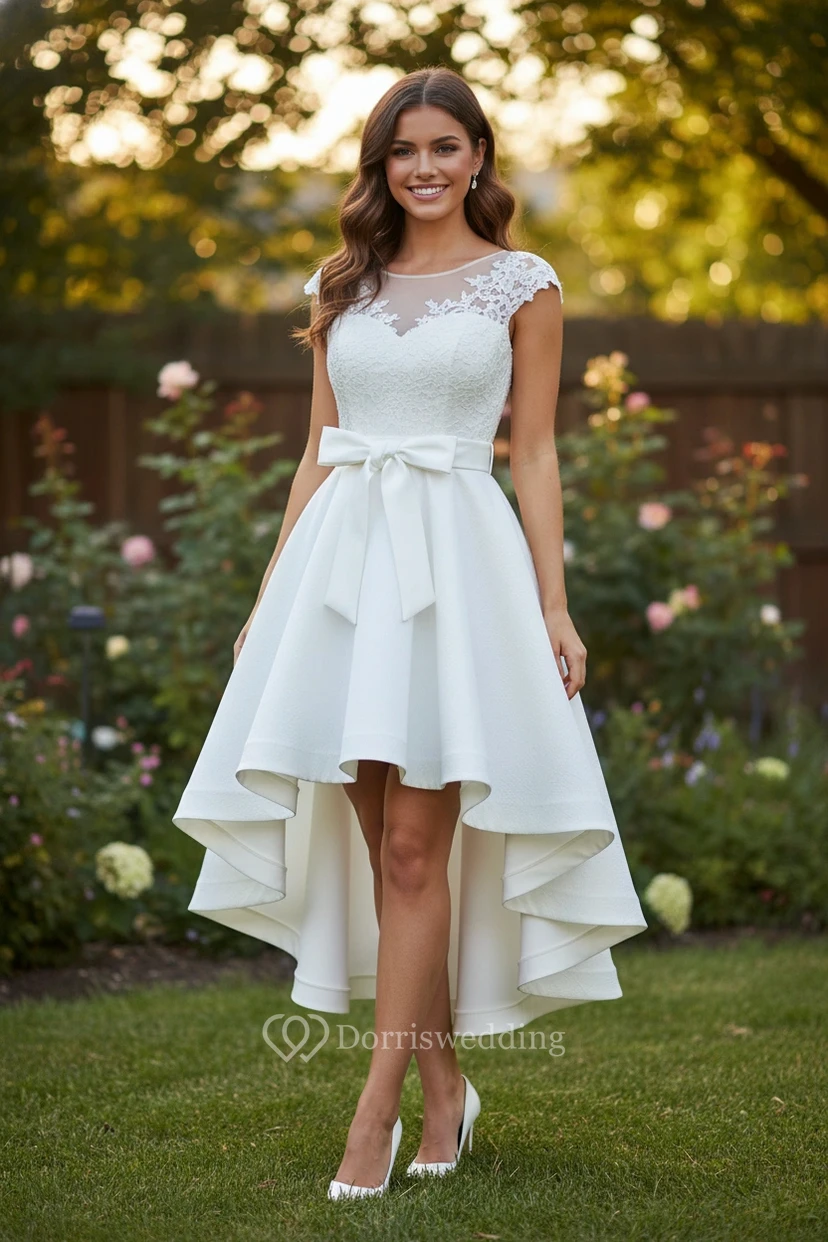 Vestido moderno de encaje y satén con corte asimétrico