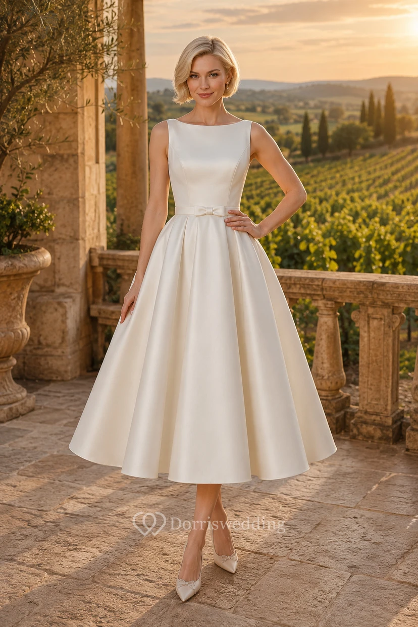 Robe de mariée bateau en satin longueur thé