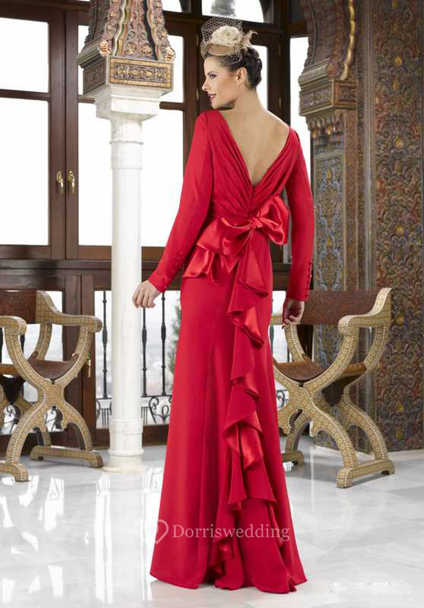 Jewel Neck Long Sleeve Bowed Jersey Mother Of The Bride Dress view 2