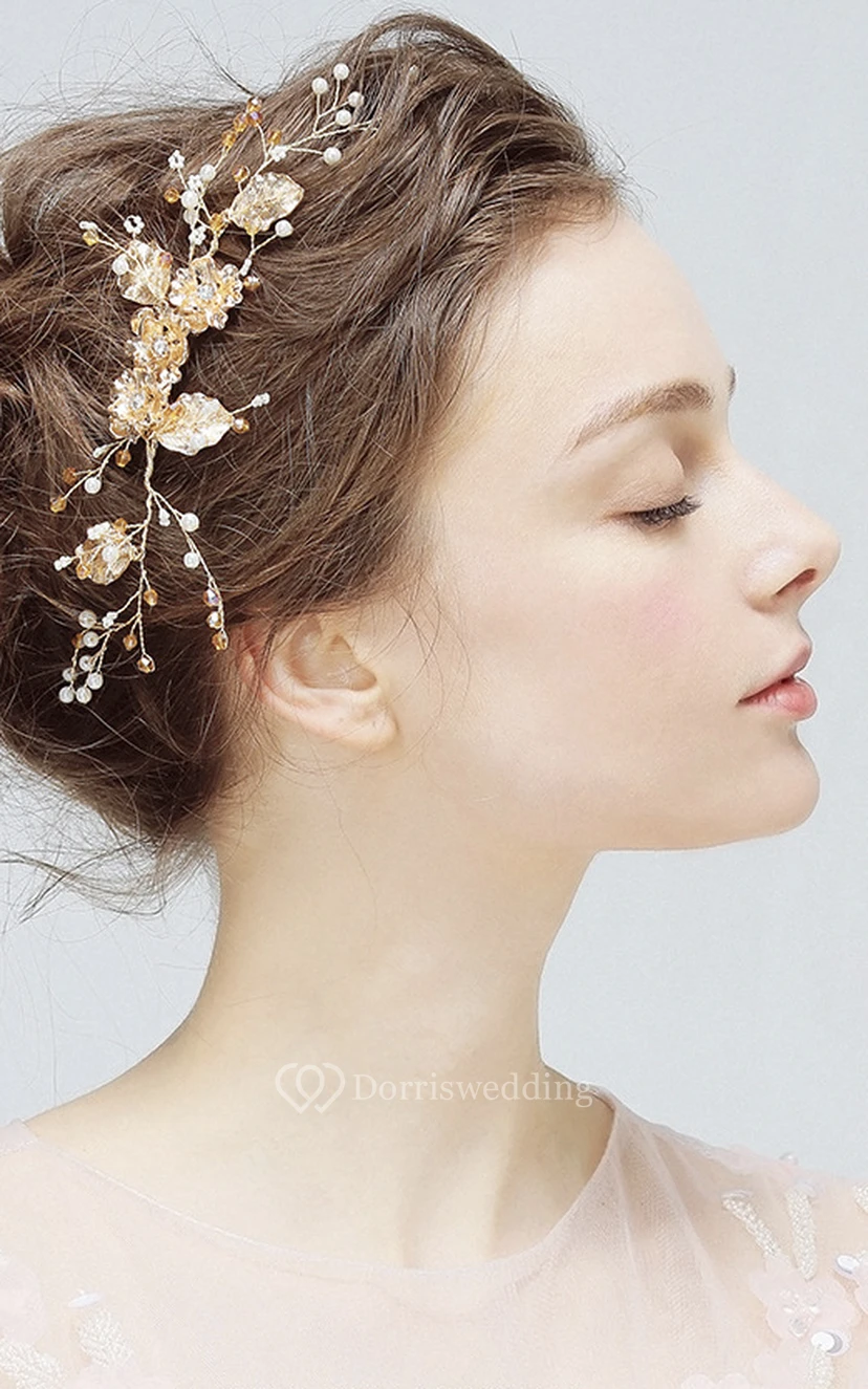 Aesthetic Delicate Gold Flower Rhinestone Crystal Pearl Manual Hair Comb view 2
