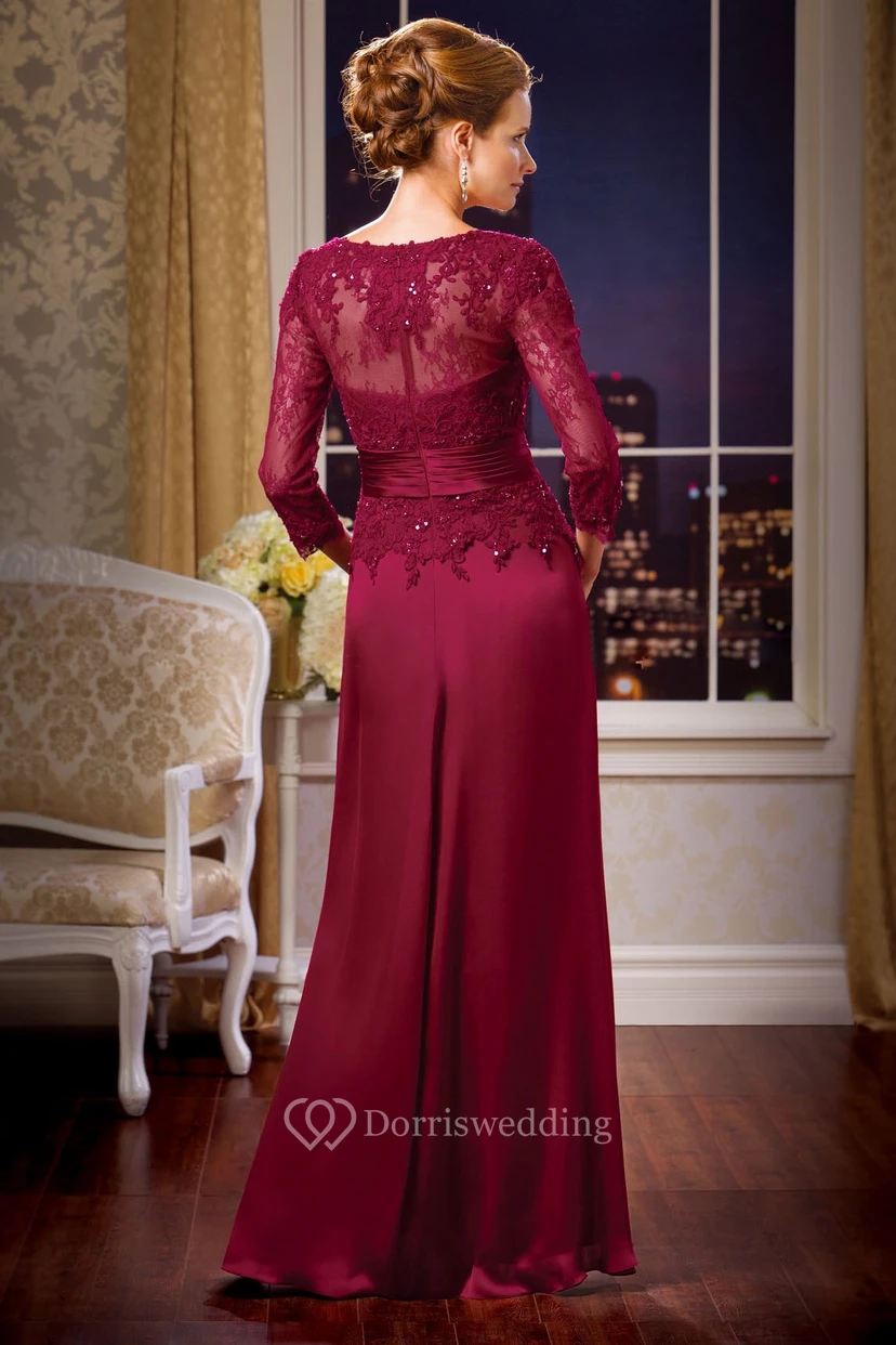 Langes, 3- bis 4-ärmeliges Brautmutterkleid mit V-Ausschnitt, Pailletten und Applikationen view 2