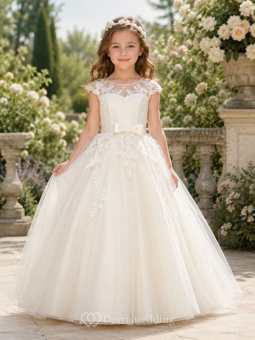 Vestido de gala de tul con mangas cortas y encaje floral, largo hasta el suelo, con lazo, para niña de las flores, ideal para bodas en el jardín.