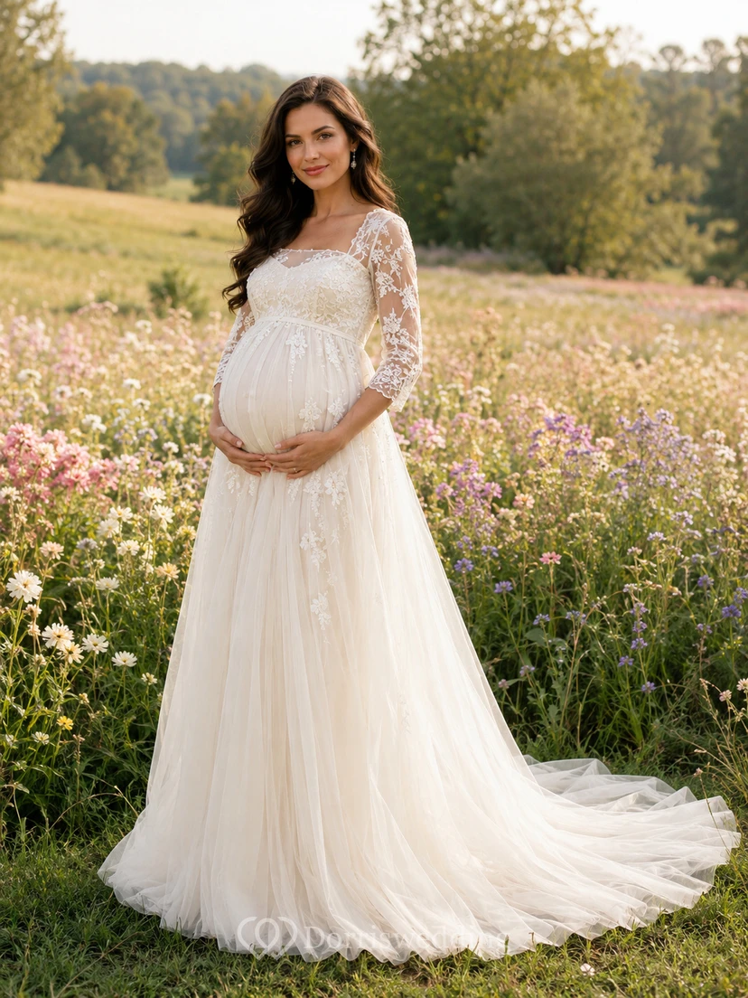 Maternity Wedding Dress Off-the-Shoulder Long Sleeve Lace Country Bridal Gown with Train
