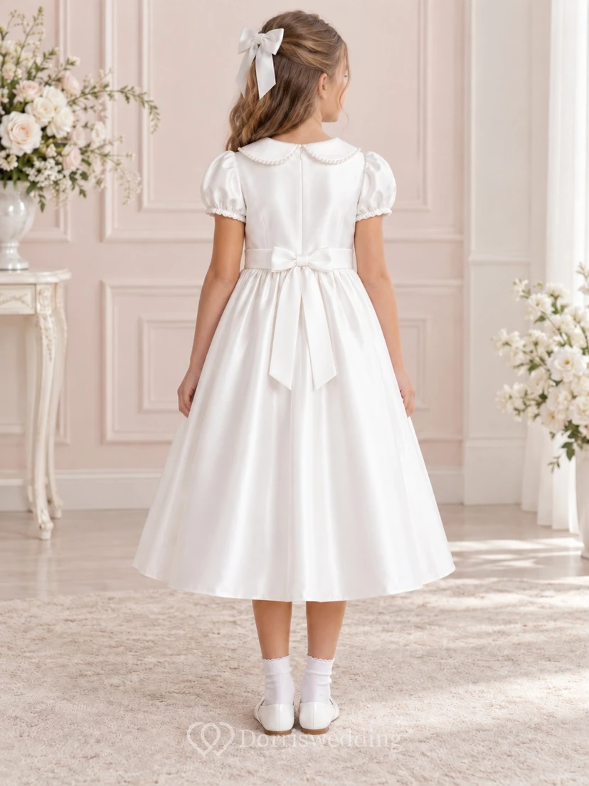 Vestido de niña de flores vintage blanco de corte A, largo hasta la rodilla, de satén, con mangas abullonadas, cuello y lazo en la espalda. view 2