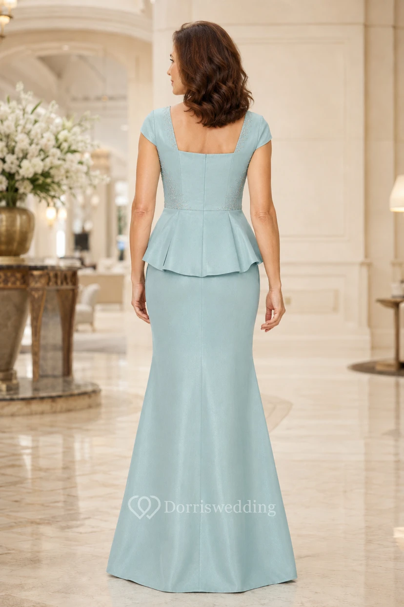 Türkisfarbenes Meerjungfrauen-Kleid mit Schößchen und V-Ausschnitt am Oberteil view 2