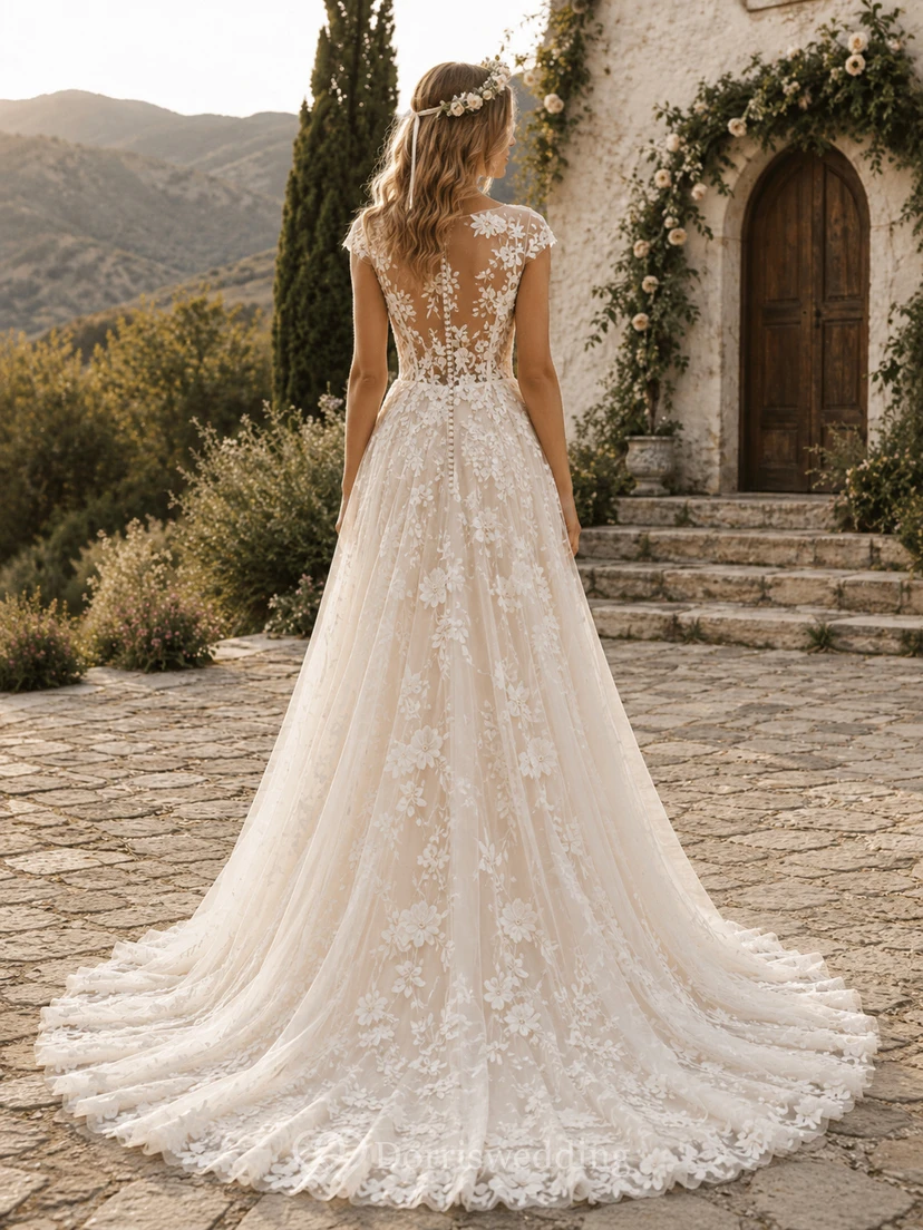 Robe de mariée trapèze en dentelle à manches illusion et traîne chapelle view 2