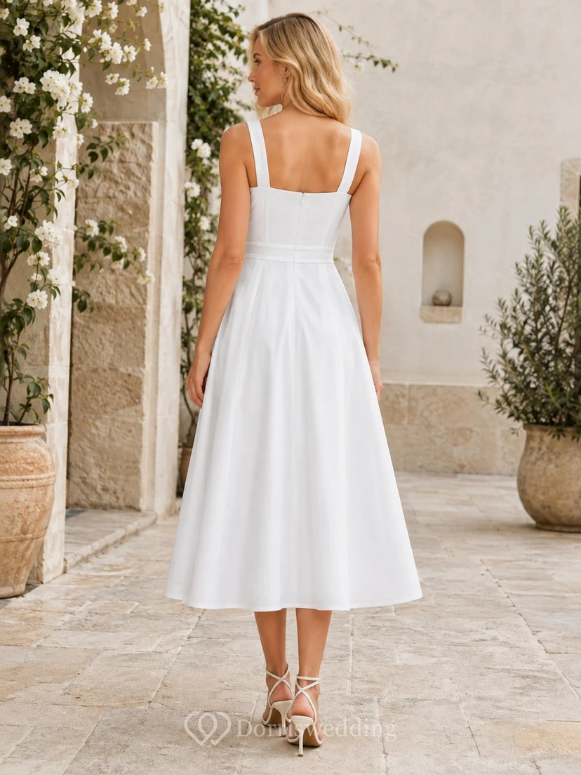 Weißes, schlichtes, eckiges Satin-Gästekleid mit Trägern, A-Linie und Teelänge view 2