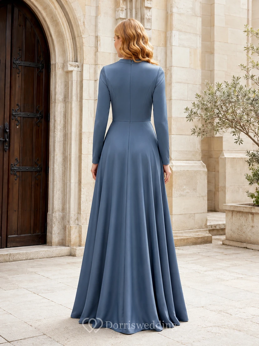 Dusty blue high neck long sleeve chiffon floor length bridesmaid gown view 2