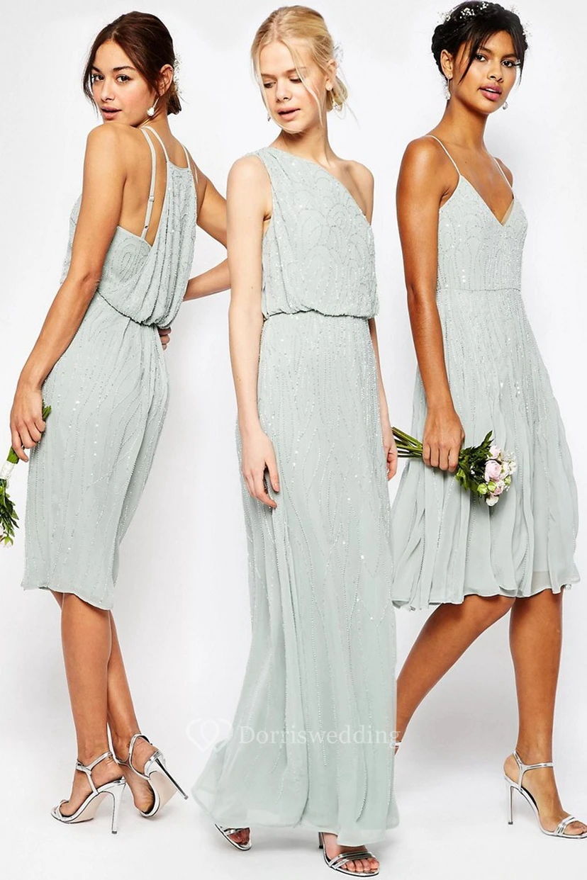 Sheath Ankle-Length Sleeveless Beaded One-Shoulder Chiffon Bridesmaid Dress view 3