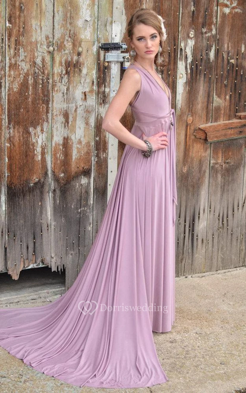 V Neck Pleated A-line Jersey Long Dress With Criss Cross Back view 2
