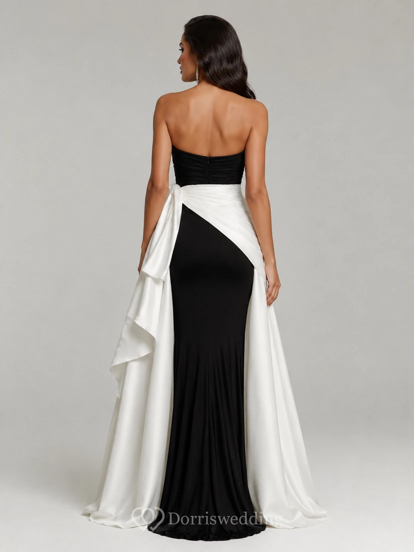 Robe de soirée sirène en satin, sans bretelles, sans manches et drapée de volants, longueur au sol view 2