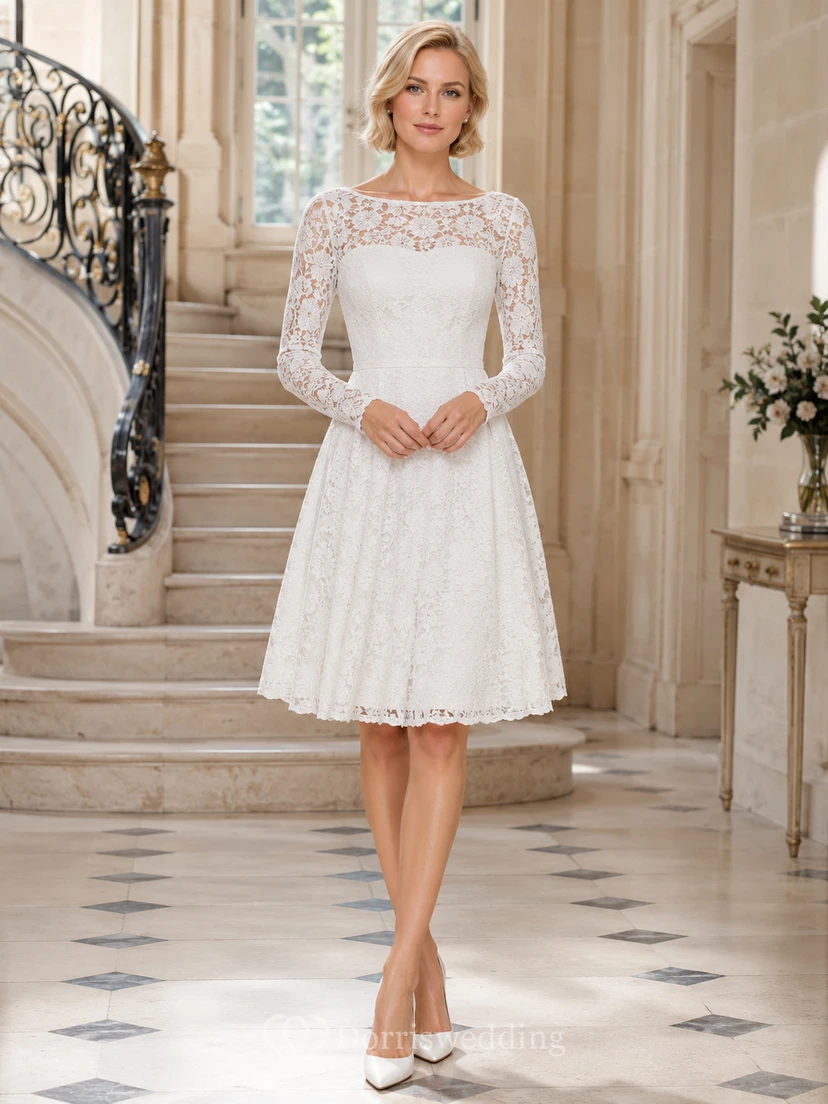 Vintage White Knee-Length Bateau Long Sleeve Lace Courthouse Dress Ceremony