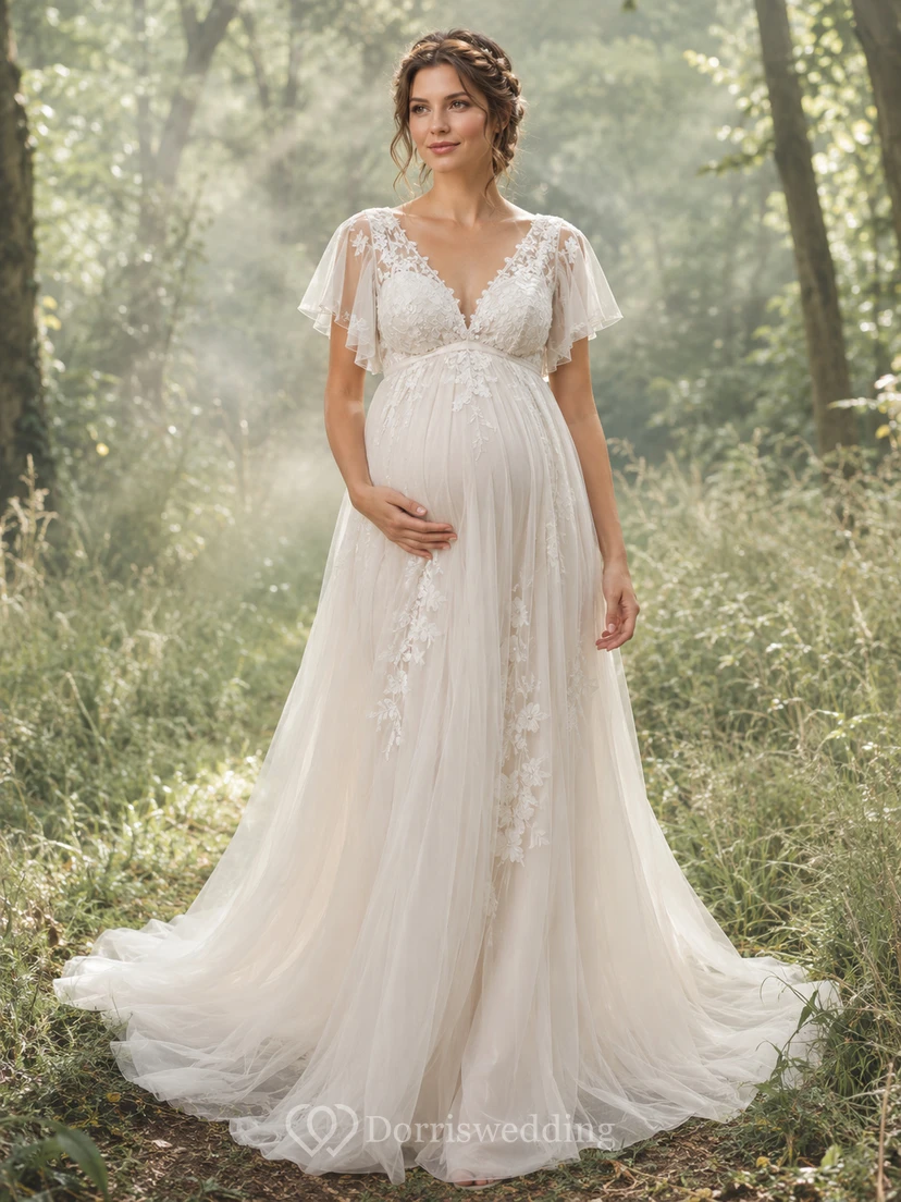 Maternity Wedding Dress V-Neck Flutter Sleeve Lace Woodland Bridal Gown with Chapel Train
