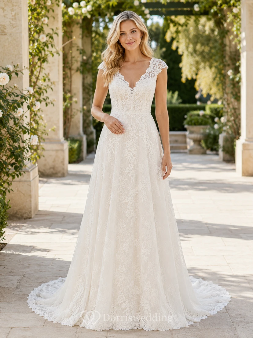 Robe de mariée en dentelle et tulle, coupe trapèze, col en V, manches courtes, traîne chapelle