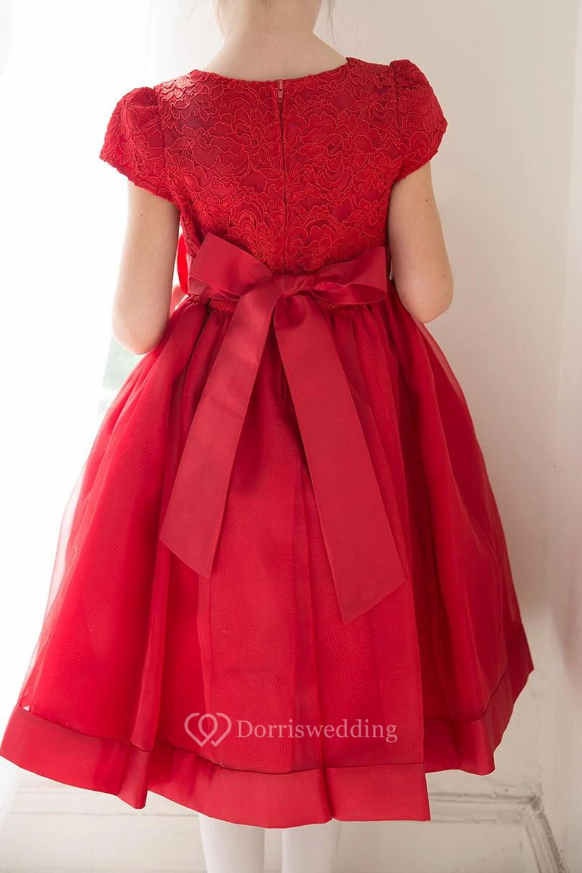 Tea-Length Floral Tiered Lace&Organza Flower Girl Dress With Sash view 2