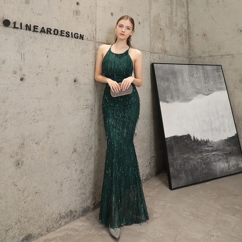 Vestido de noche elegante con borla de hilo de seda de poliéster y lentejuelas estilo cola de pez para banquetes, reuniones y eventos. Ideal para anfitriones. Modelo de coche. Otoño. view 16