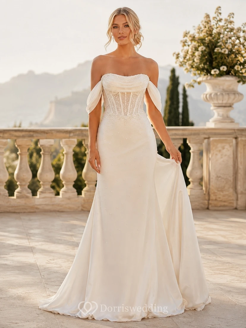 Vestido de novia de sirena con corsé y mangas desmontables con hombros descubiertos