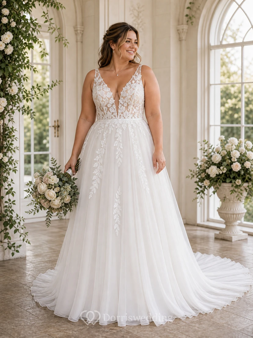 Sexy Boho-Brautkleid im Landhausstil mit V-Ausschnitt, ärmellos, A-Linie, Empire-Schnitt und Illusion-Schnitt aus Tüll – weiß view 4