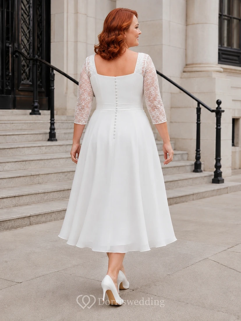 Plus-Size Courthouse Hochzeitskleid aus Chiffon, A-Linie, eckigem Ausschnitt, Dreiviertelärmeln und Teelänge view 2