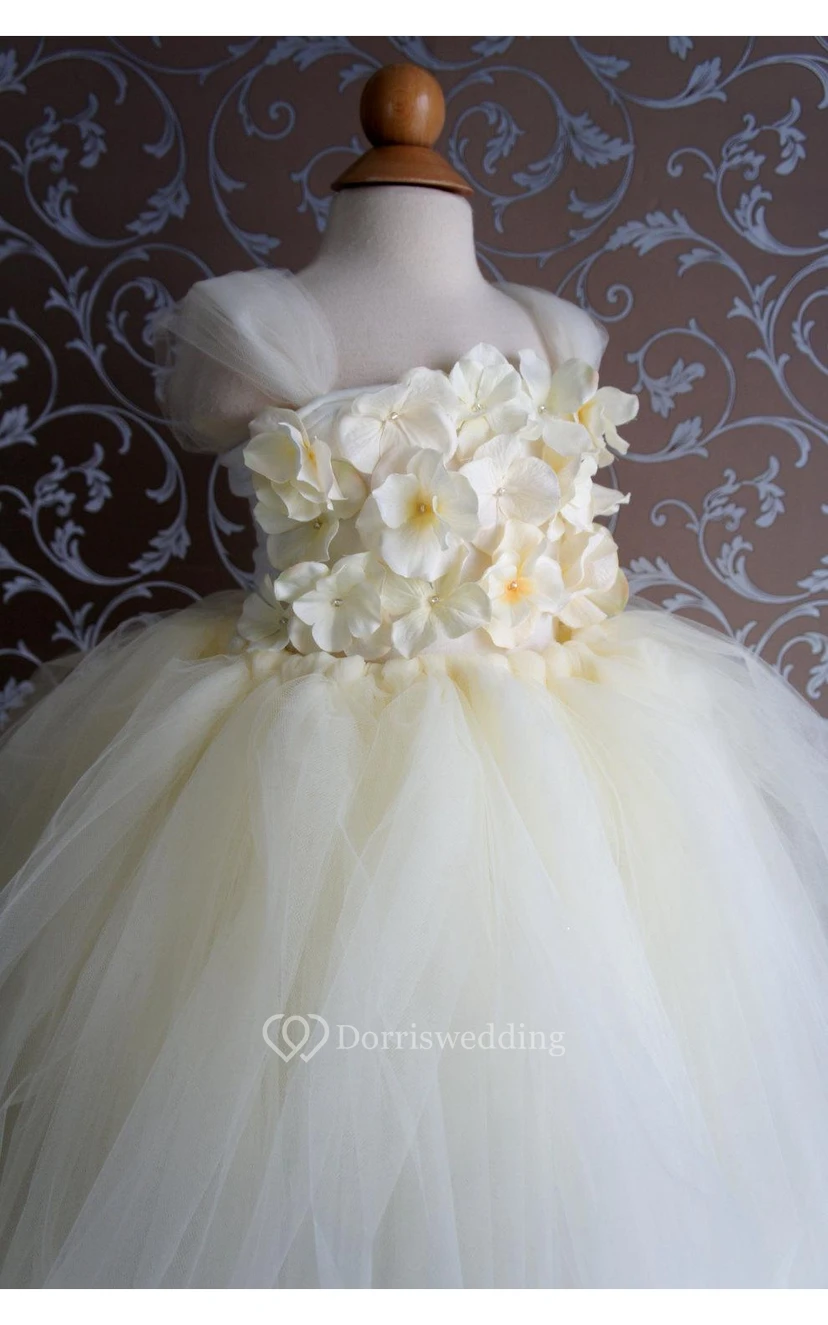 Cap Sleeve Floral Top Tiered Tulle Ball Gown view 3