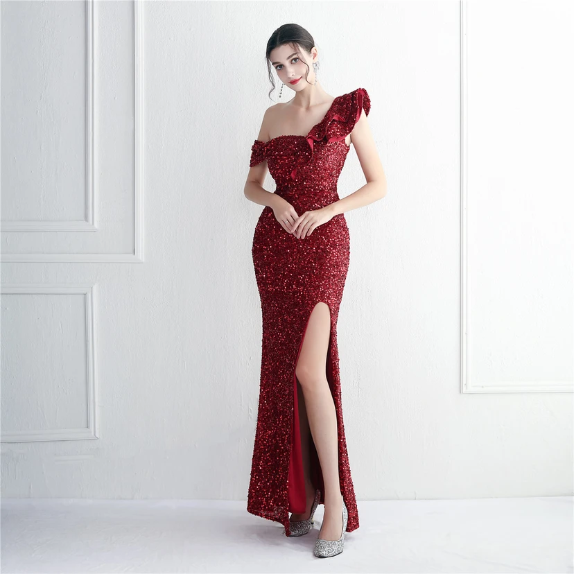 Imitation, handgefertigt, Pailletten, schulterfrei, Dankeschön-Bankett, schmaler Meerjungfrauenrock, Hochzeitsauto-Modellausstellung, Prominentenbankett view 19
