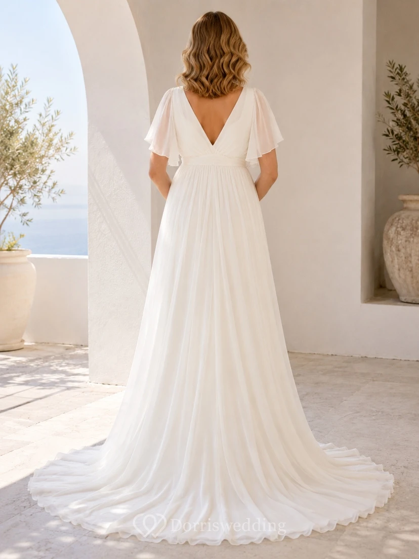 Maternity V-Neck Short Sleeve Chiffon Sweep Train Wedding Dress view 2