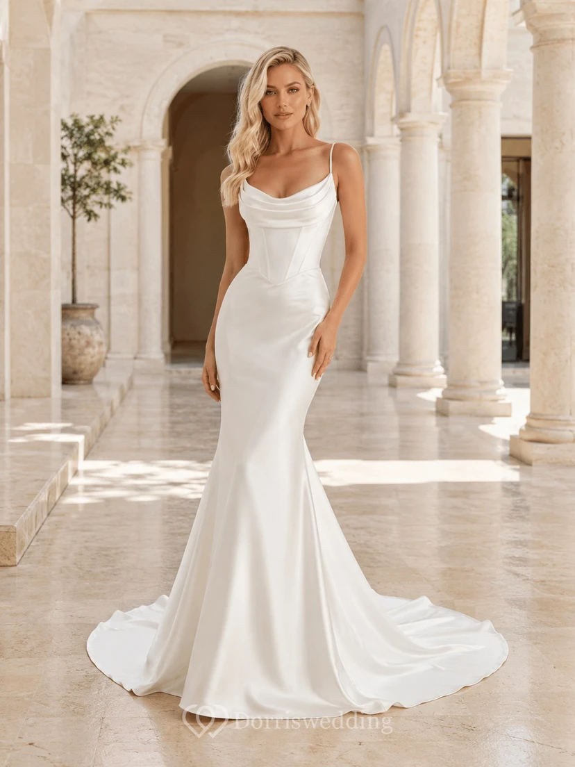 Robe de mariée sirène minimaliste et moderne en satin à col bénitier et fines bretelles, avec traîne balayée, style minimaliste moderne.
