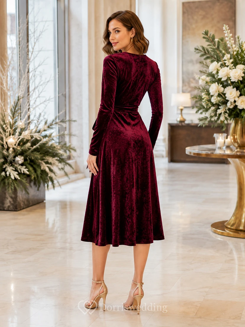 Claret V Neck Long Sleeve Velvet Midi Guest Dress view 2