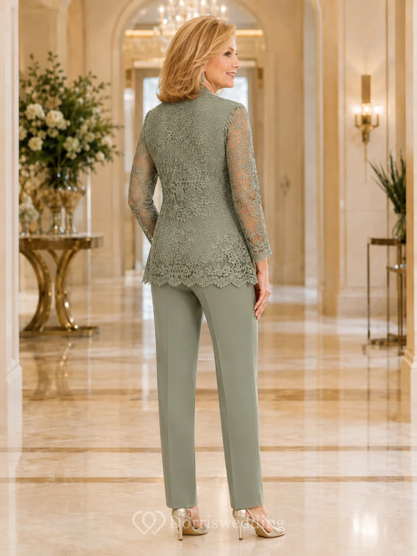 Elegante, taillierte Jacke mit Blumenmuster und Spitze in Salbeigrün, knöchellanger, schlichter dreiteiliger Hosenanzug für die Mutter der Braut view 2
