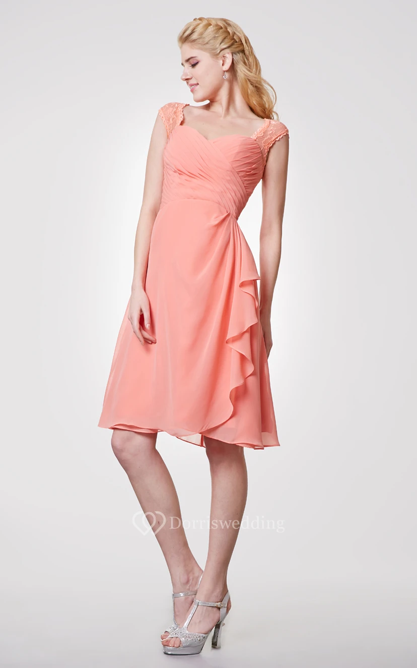 Lace Cap-sleeved Chiffon Knee Length Dress With Side Draping view 2