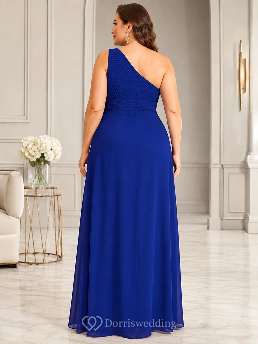 Plus Size Royal Blue One-Shoulder Ruched Chiffon A-Line Floor-Length Evening Dress view 2