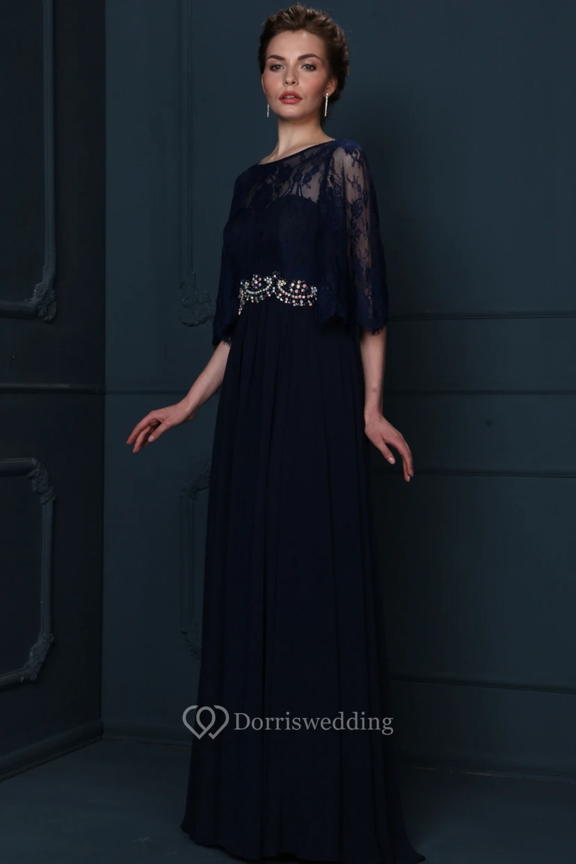 Bateau Neck Appliqued Half Sleeve Chiffon Mother Of The Bride Dress view 3