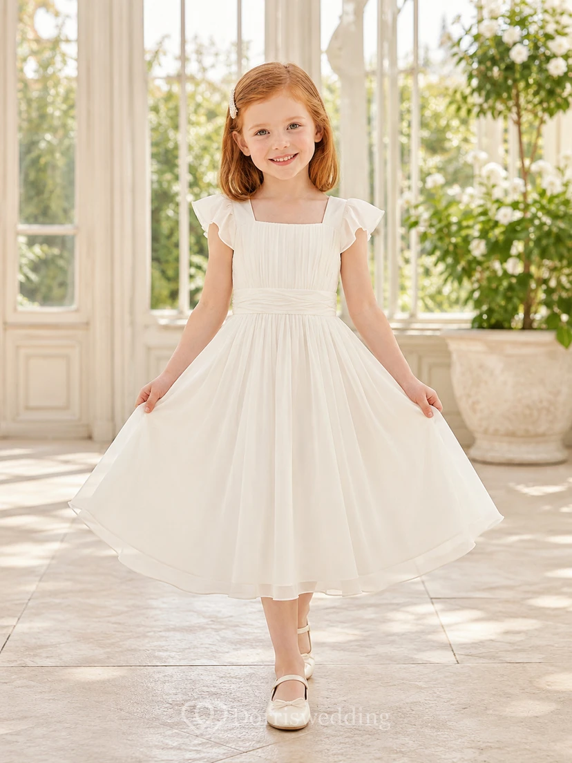 Vestido de niña de flores de gasa color marfil con corte en A, manga corta, escote cuadrado, falda a la rodilla y detalle de lazo.