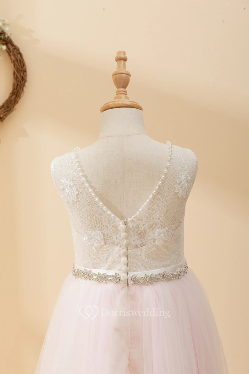 Angel Lace Scoop-neck Sleeveless Tulle Beaded Applique Flowergirl Dress view 5