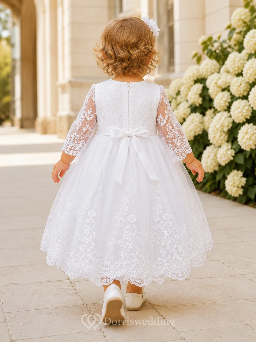 Embroidered Lace Sleeve Baby Christening A-Line Tulle Skirt Dress Modest view 2
