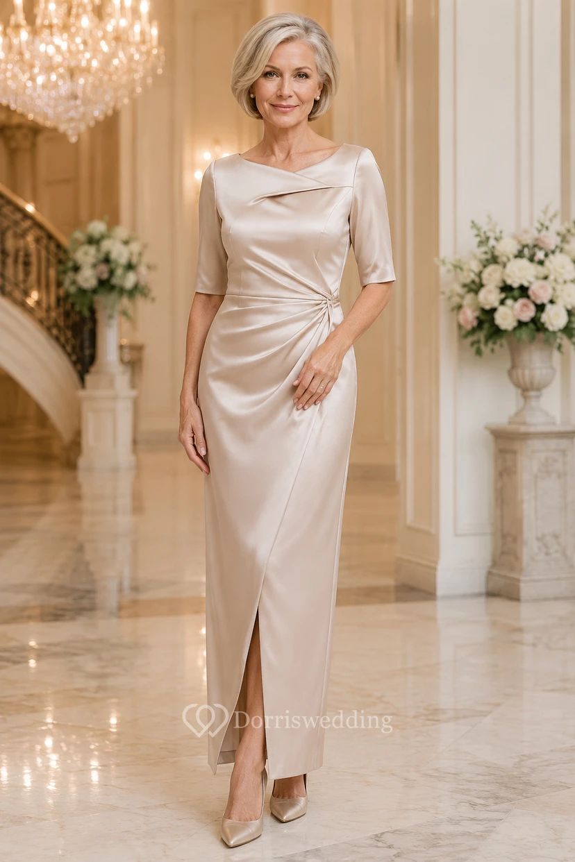 Champagne Satin Cowl Neck Mother Dress with Split Front