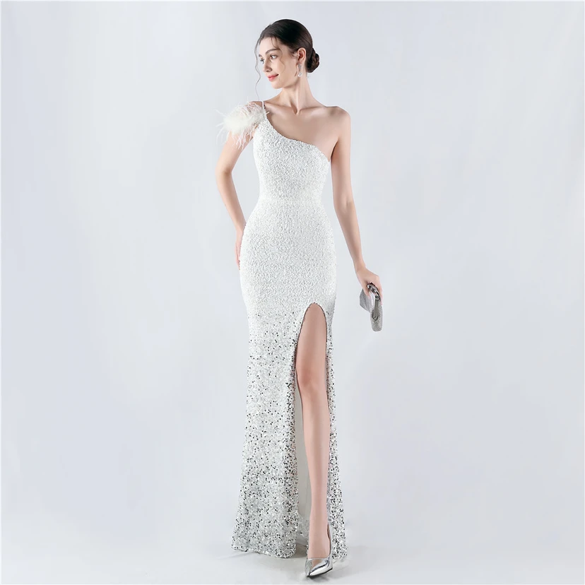 Gradient Velvet Bottom Sequins Craft Beading Ostrich Hair One-Shoulder Oblique Collar High-Slit Evening Dress view 5