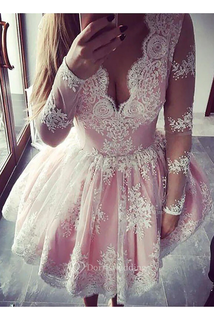A-Linien-Ballkleid, lange Ärmel, Spitze, V-Ausschnitt mit Muschelkante, Reißverschluss, kurzes Mini-Abendkleid view 2
