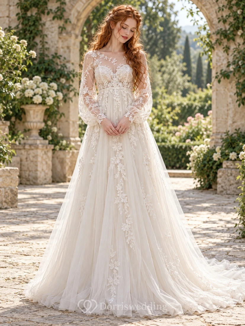 Long Sleeve Floral Lace Tulle Empire Train Wedding Dress