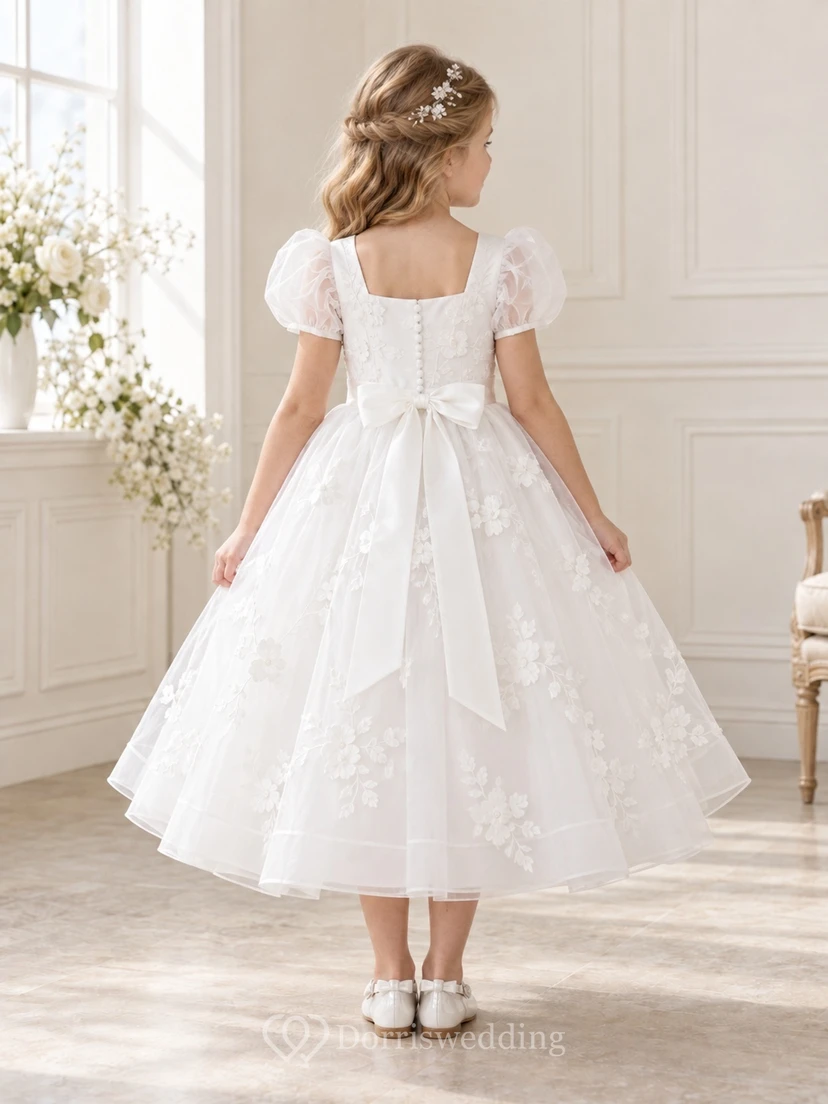 Vestido de niña de flores blanco con escote cuadrado, estampado floral, corte en A, mangas abullonadas y lazo en la espalda. view 2