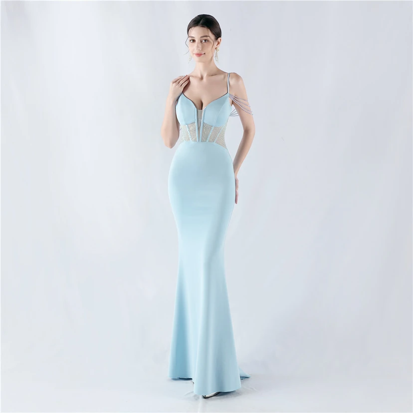 Vestido de noche con cintura de espiga, bordado de diamantes de imitación, ideal para banquetes y presentaciones. view 39