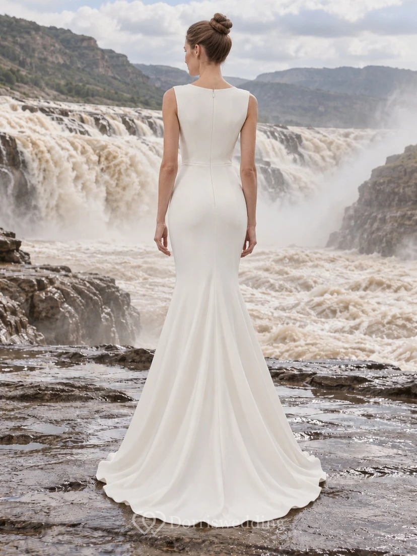 Vestido de novia sencillo, modesto, sin mangas, con cuello alto y espalda alta, estilo sirena y drapeado. view 2