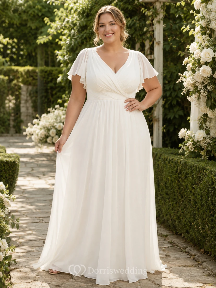 Robe de mariée minimaliste en mousseline, coupe trapèze, col en V, manches courtes, traîne.