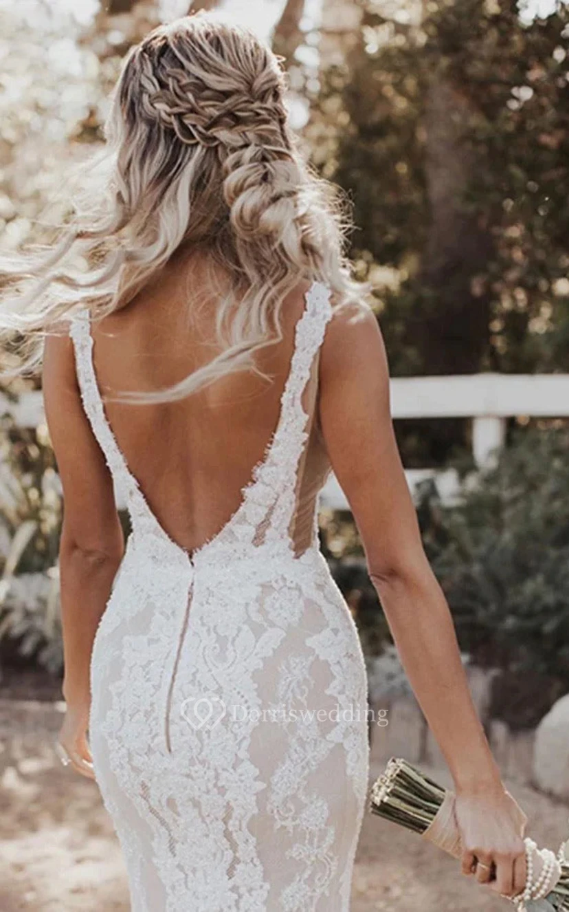 Sexy Boho Strand Spitzen-Etui-Hochzeitskleid mit tiefem V-Ausschnitt view 3