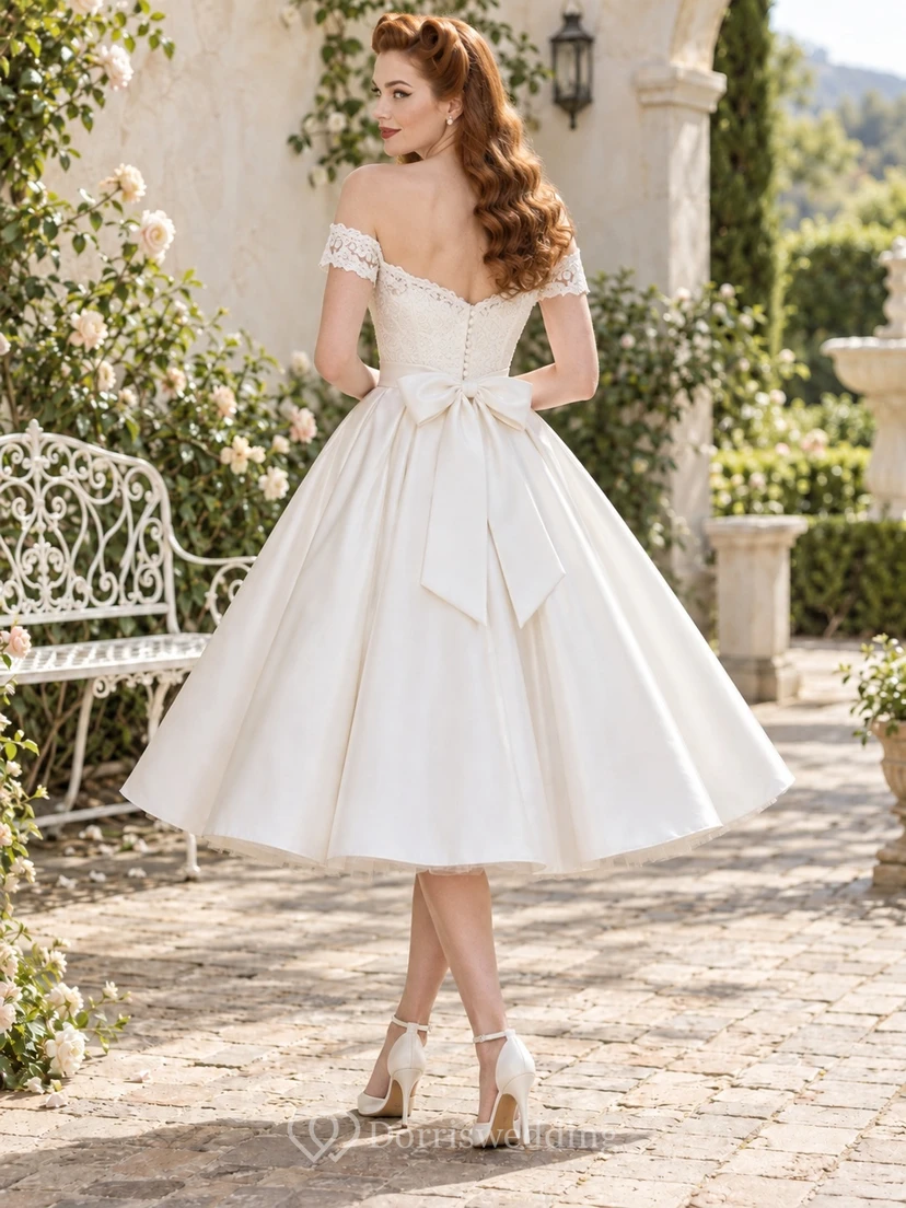 Vintage Tea-Length Off-Shoulder Sweetheart Lace-Bodice Satin A-Line Bow-Back Wedding Dress view 2