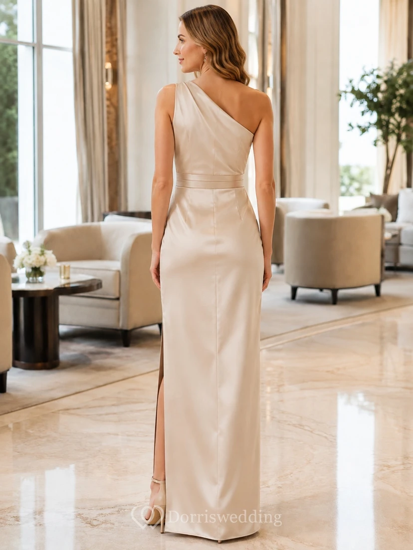 Champagne Satin One-Shoulder Sleeveless Ruched Sheath Tea-Length Elegant Dress view 2