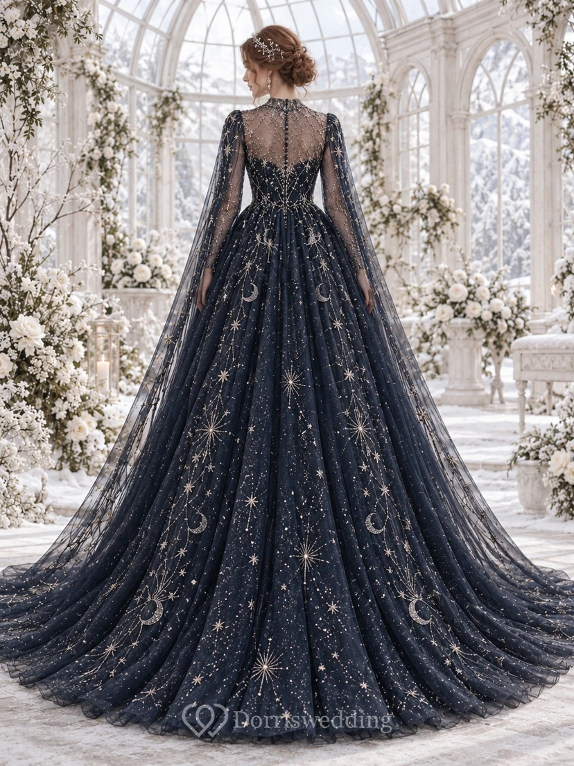 Vestido de novia de gala con capa celestial de ilusión invernal, manga larga, azul marino oscuro. view 2