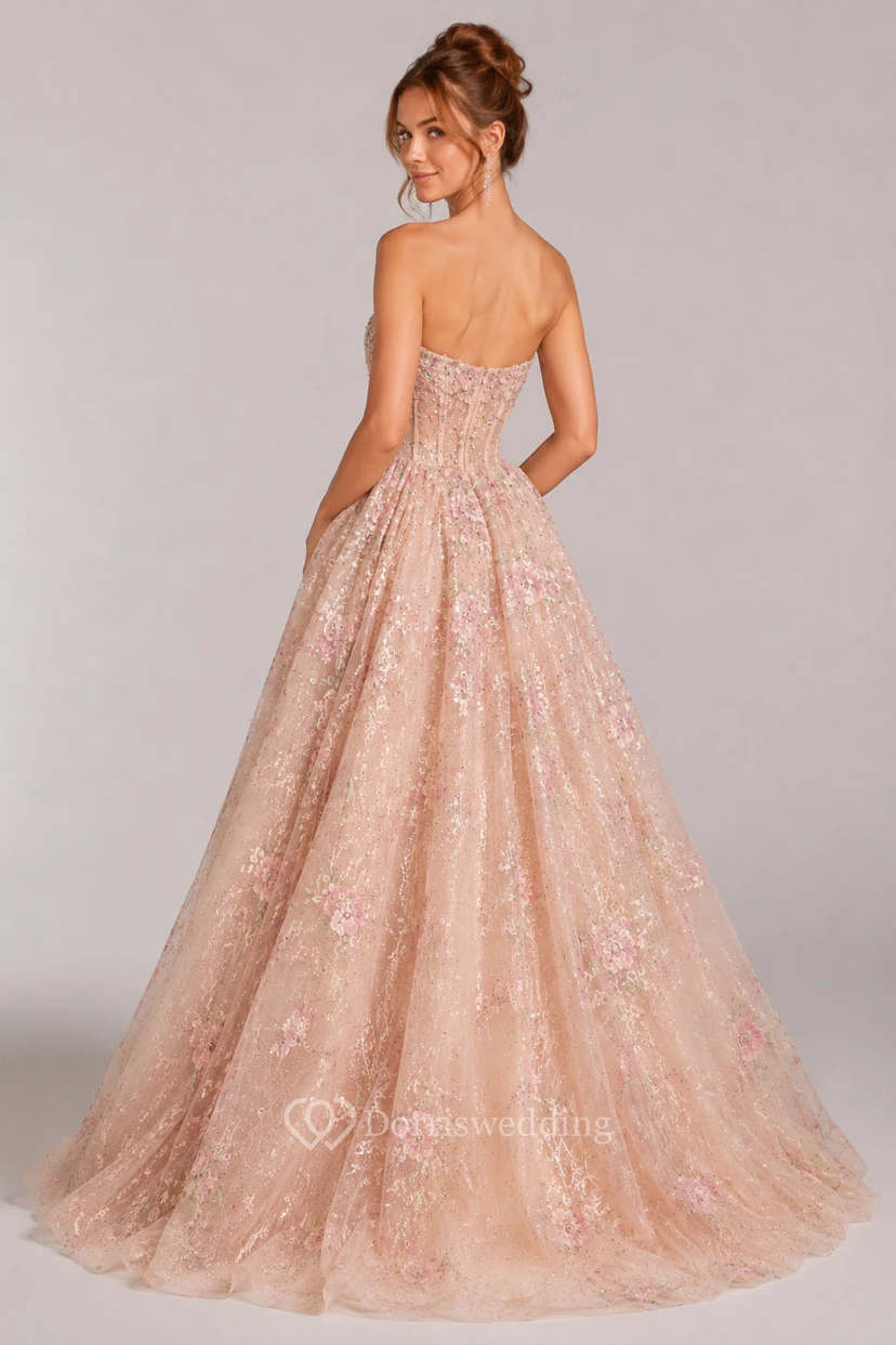 Blushing Pink Glitter Ball Gown with Strapless Applique Bodice view 2